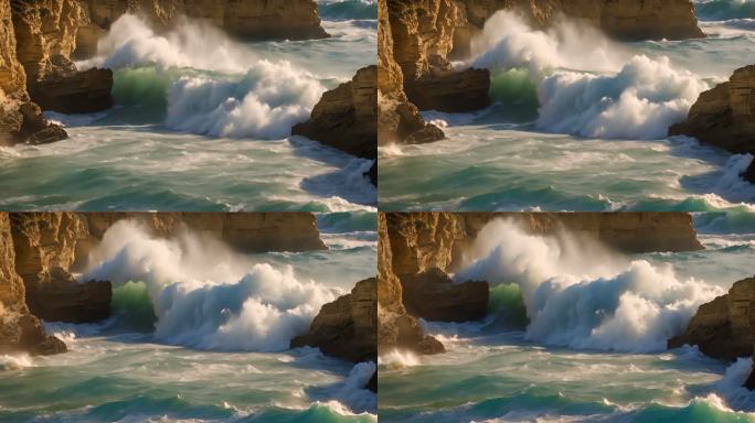 4K大海海浪浪花海岸线岩石悬崖