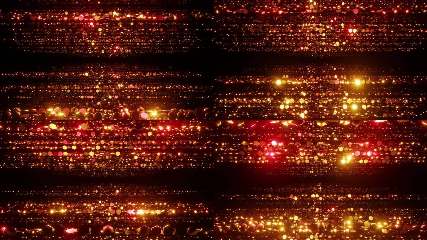 火热的六边形粒子奖励叠加循环背景3d渲染。奢华的红色粒子不断向前移动，金色的圆点闪烁，是颁奖典礼、婚