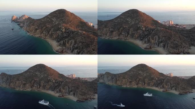 鸟瞰卡波圣卢卡斯码头和周边地区，下加利福尼亚南部，墨西哥。无人机拍摄的普拉亚珊瑚黑鬼和在水中航行的船