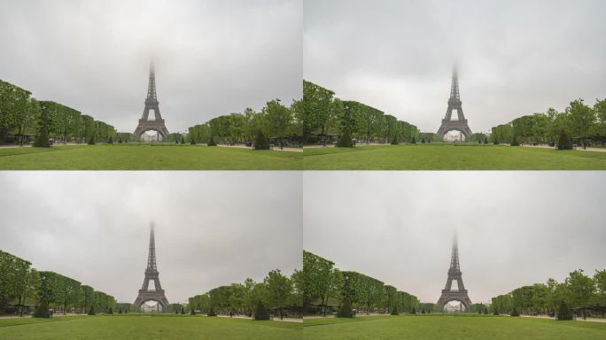 法国巴黎延时拍摄，埃菲尔铁塔和战神广场花园的城市天际线延时拍摄