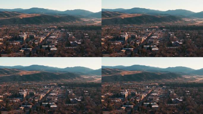 静态无人机拍摄观看市区波兹曼，蒙大拿州在秋天的日出