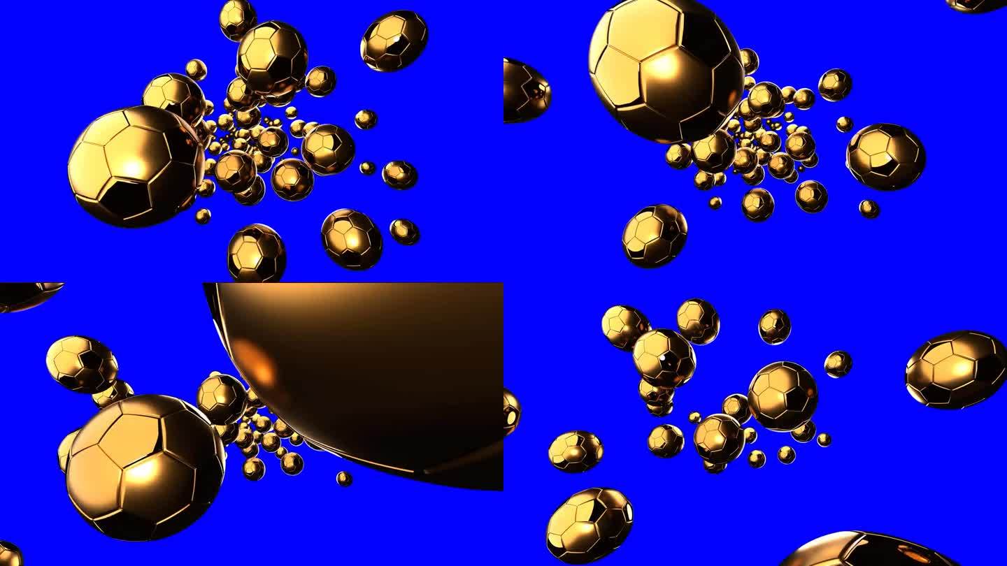 许多金色足球在蓝色色度键背景。
