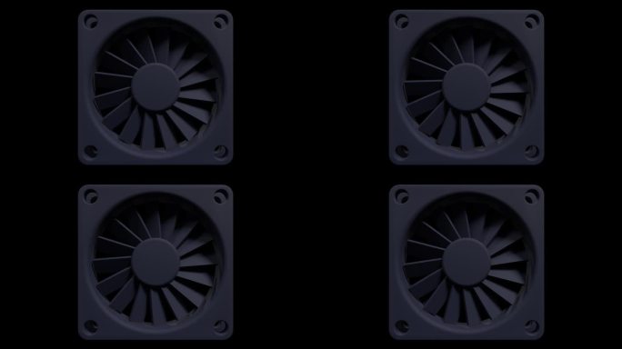 电脑风扇冷却器动画。黑色散热风扇。3D电脑机箱风扇。透明背景与alpha通道