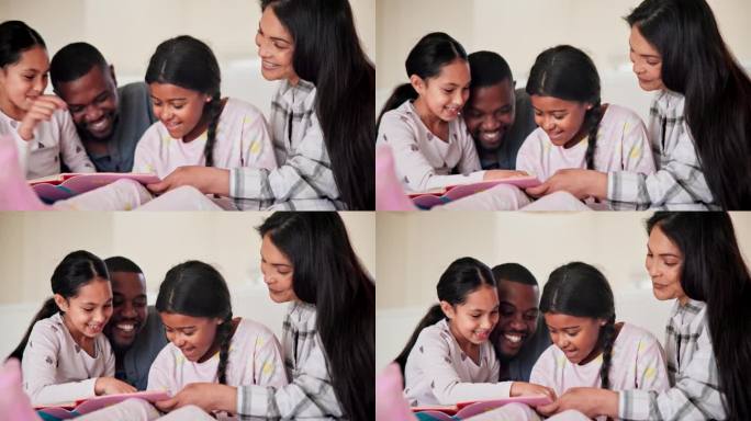 父母，快乐的孩子和在床上读书学习，语言发展和有趣的故事在家里。妈妈，爸爸和女孩微笑睡觉，放松和笑与跨