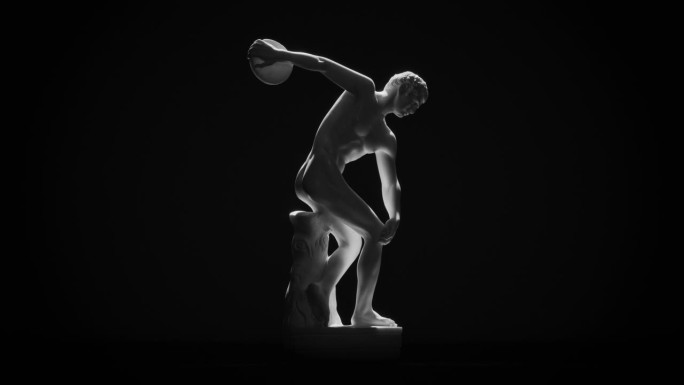 米伦的大理石雕塑disbolus(掷铁饼者)的侧视图，在黑色背景上旋转