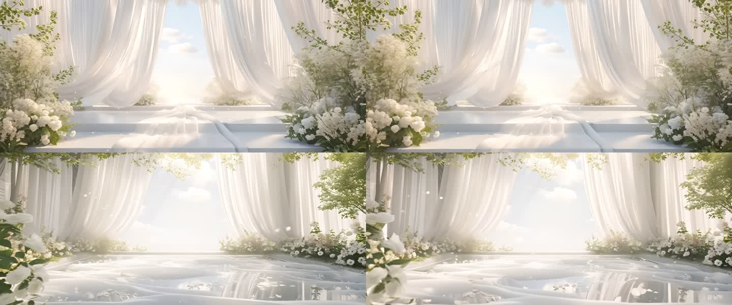 4k清新纯洁白色帘幕花朵婚礼背景