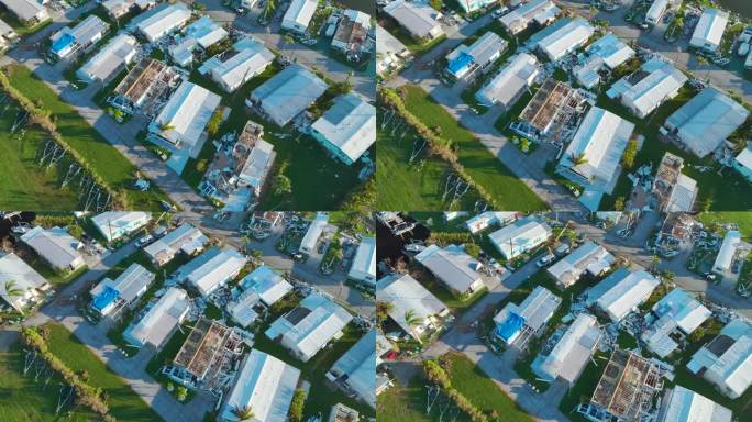 被飓风伊恩严重破坏的房屋位于佛罗里达州的活动房屋住宅区。自然灾害的后果