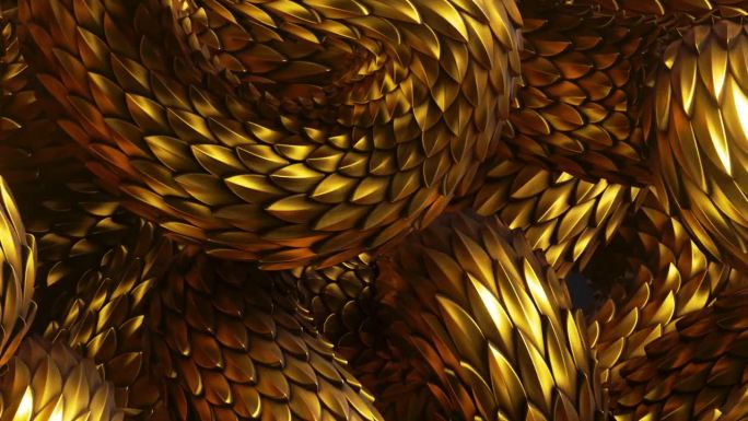 3d循环动画，抽象奇幻背景与波浪纠结的金蛇移动，闪亮的金属龙鳞纹理，动画壁纸