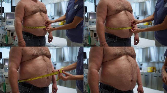 超重患者腹部闭合。肥胖男人腰围高，肚子胖。超重和肥胖的健康风险概念。