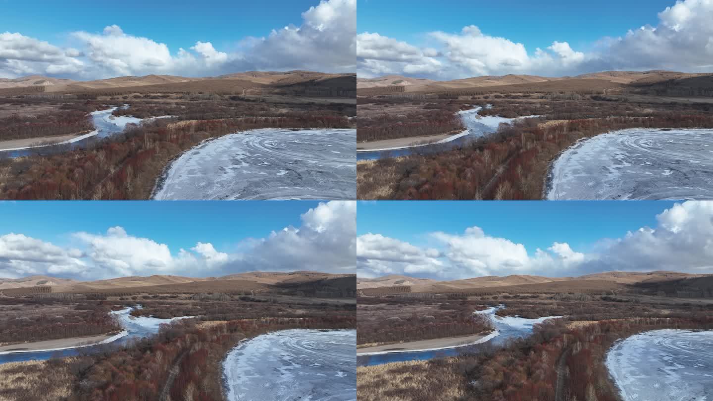 湿地冰湖河水红柳蓝天白云