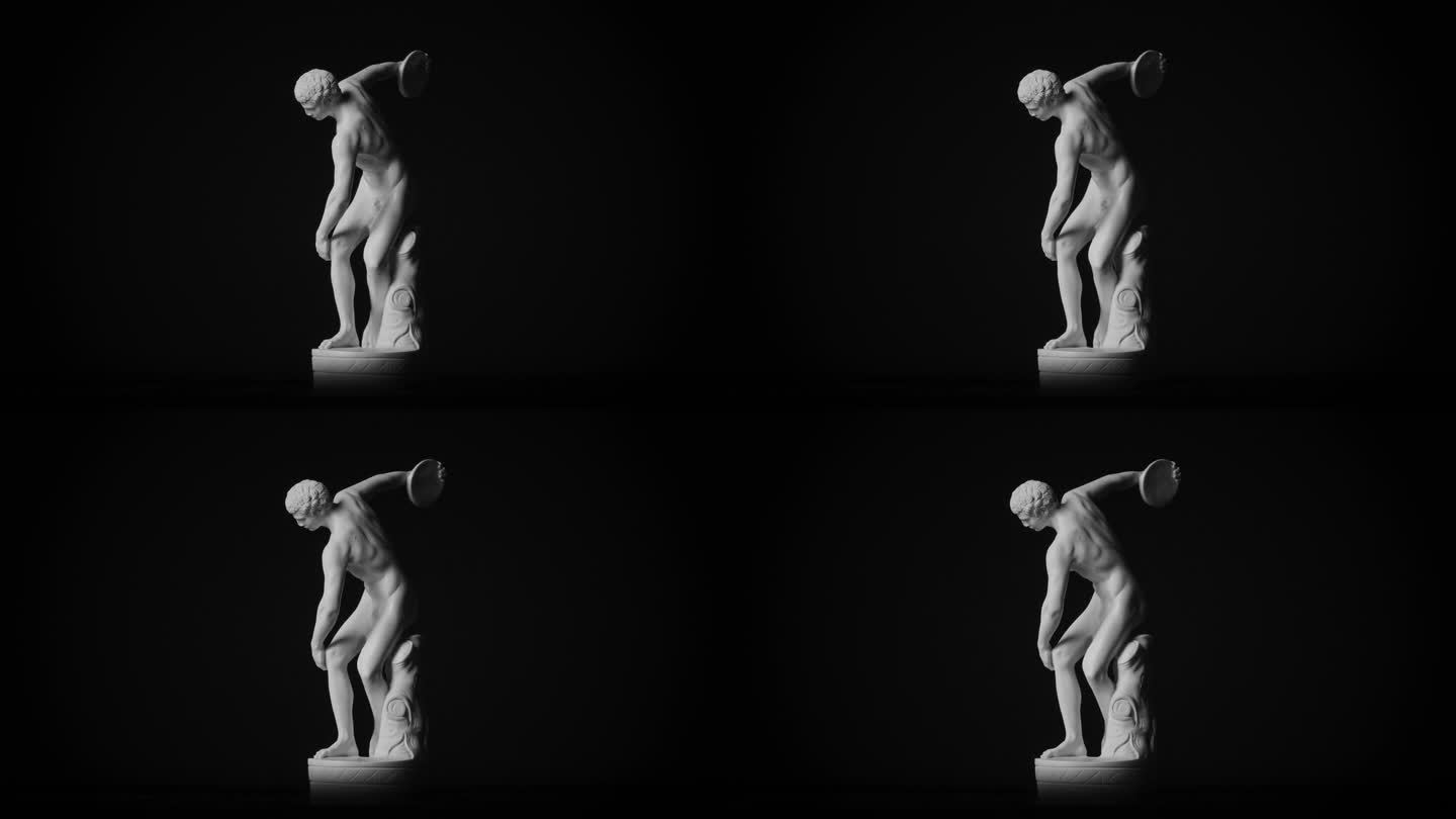米伦在黑色背景上旋转的希腊大理石雕塑的侧视图