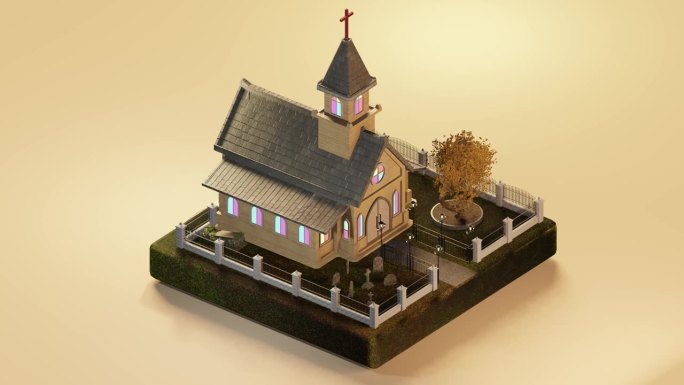 浅茶色背景下教堂模型的外部等距视图。三维等距回路