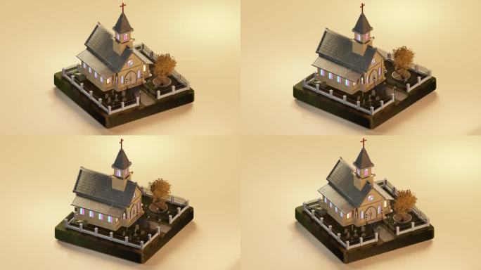 浅茶色背景下教堂模型的外部等距视图。三维等距回路