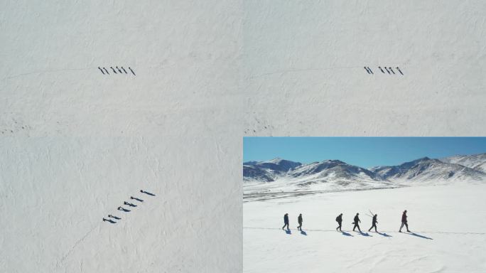 航拍青海雪中行走