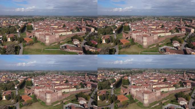 Rocca Sforzesca di Soncino，克雷莫纳，意大利，正午，秋天，无人机。快到院子