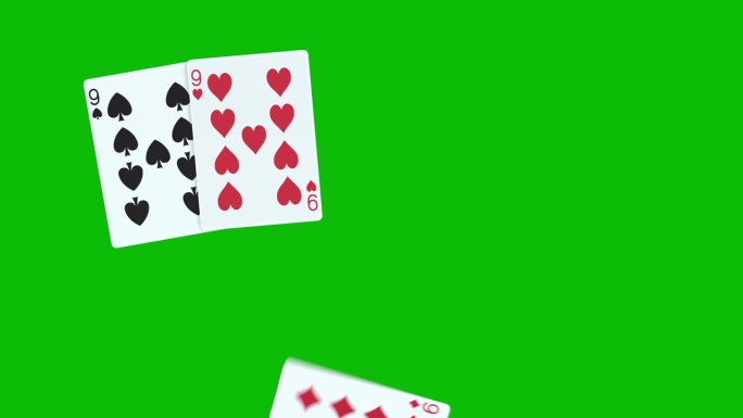一个扑克手组成的满屋9张，用绿屏上的3D动画一张一张的扔牌，扑克动画，发牌扑克动画。赢牌组合