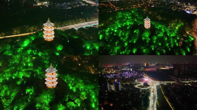 绍兴夜晚航拍蕺山公园蕺山亭夜景越城区浙江