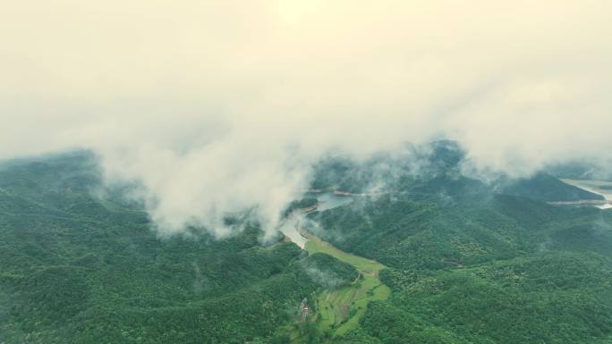 水库 森林 群山 航拍 穿云破雾 大自然