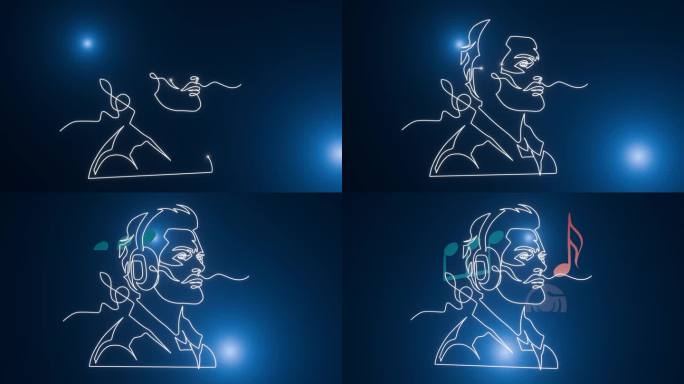 音乐人头戴耳机，以一行光画的风格配上音符，3D动画