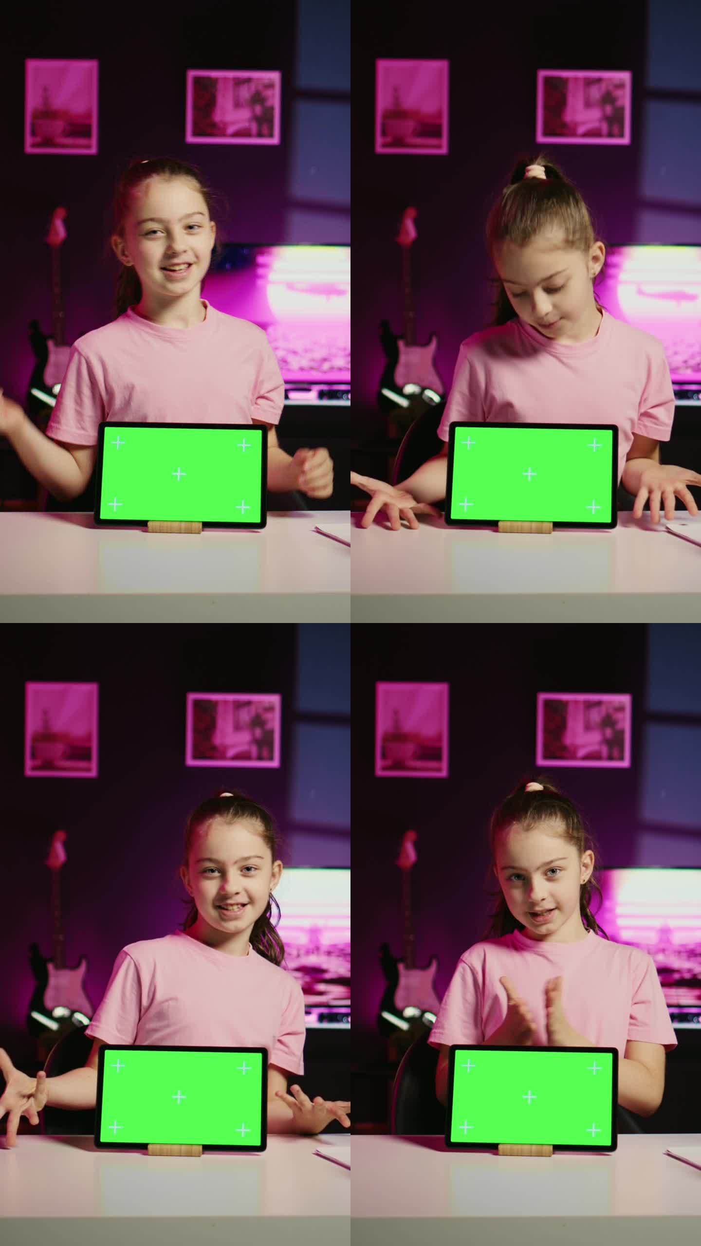 垂直视频欢快的孩子使用色度键平板电脑呈现从媒体合作伙伴到追随者的推广