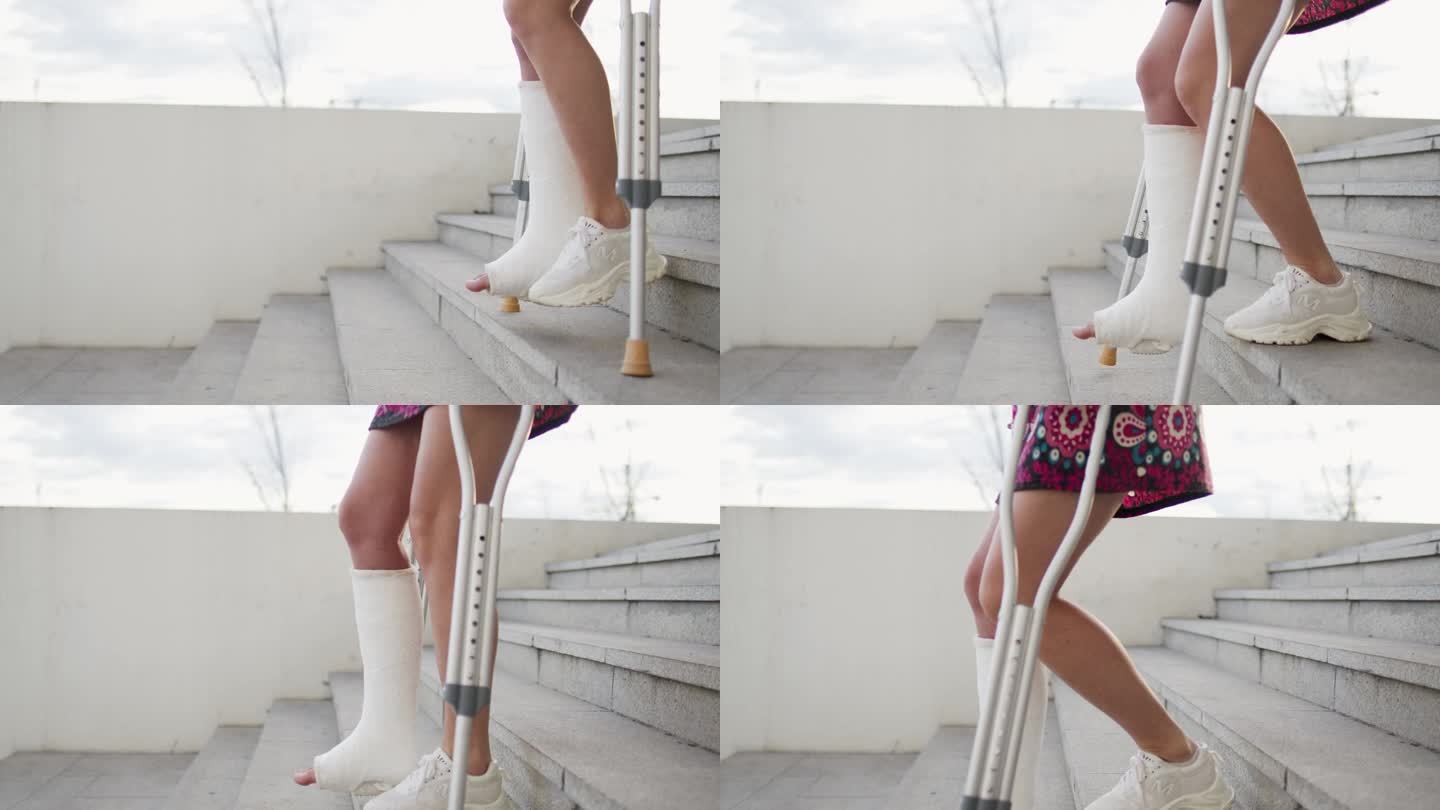 一条腿打了石膏拄着拐杖走下楼梯的女人