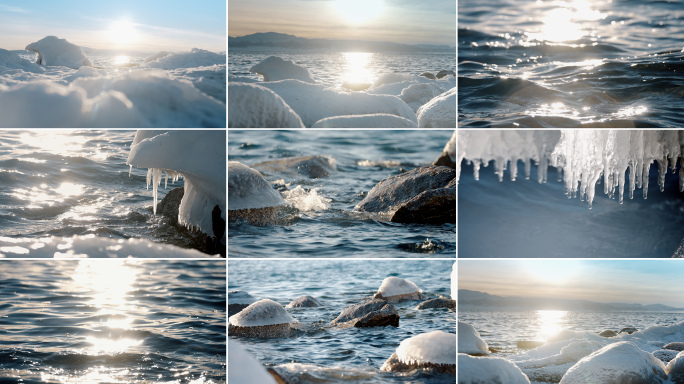 波光粼粼唯美冰雪融化逆光水源湖面