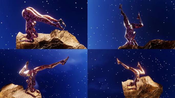 半机械人在星空下的岩石上跳瑜伽舞
