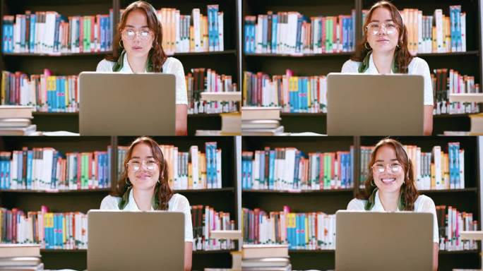 女人，脸或笔记本电脑在图书馆与快乐的研究，规划和网络网络。学生，人物和肖像或微笑为电子学习，项目和研