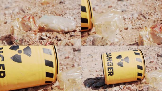 黄桶中的危险化学品，污染环境的概念。