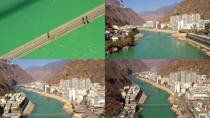 泸定桥，县城，大渡河航拍川西风景