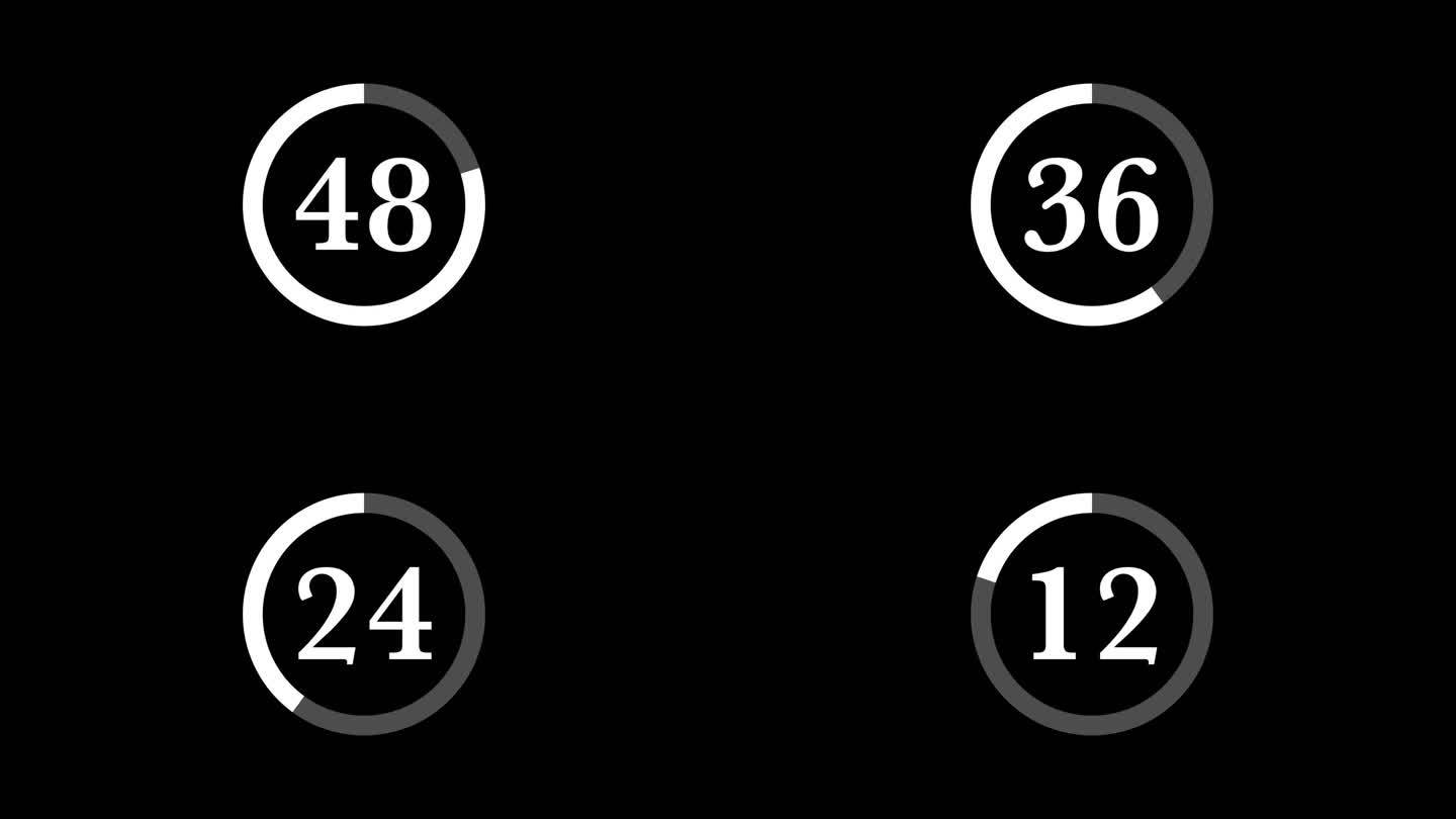 60秒(1分钟)复古和经典的白色倒计时定时器与圆圈在黑色背景