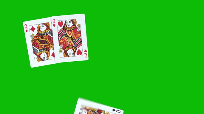 一手扑克由四张Q牌组成，在绿屏上有一张一张扔牌的3D动画，扑克动画，发牌动画。赢牌组合