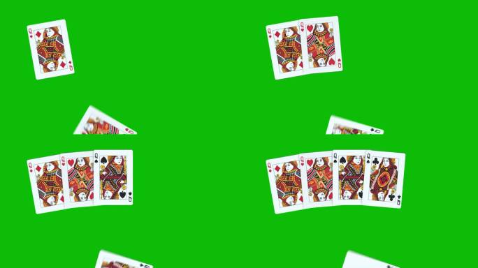一手扑克由四张Q牌组成，在绿屏上有一张一张扔牌的3D动画，扑克动画，发牌动画。赢牌组合