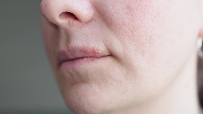 唇部皮肤上的单纯疱疹病毒，囊泡疼痛引起疱疹肿块的不适