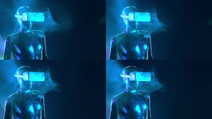 人形戴着虚拟现实眼镜，超时空背景概念