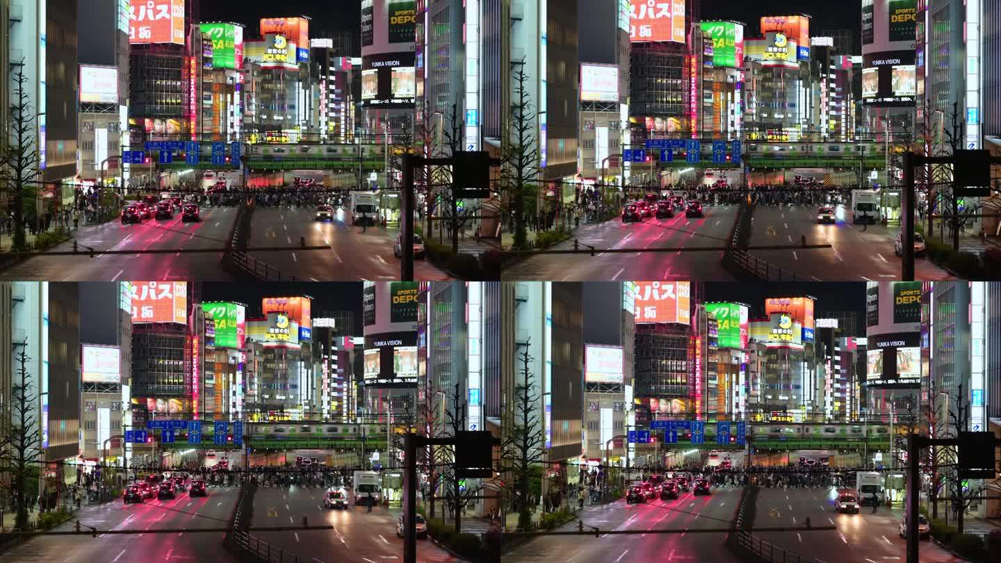 2023年4月4日，日本东京:新宿歌舞伎町的汽车交通和火车交通，东京夜景