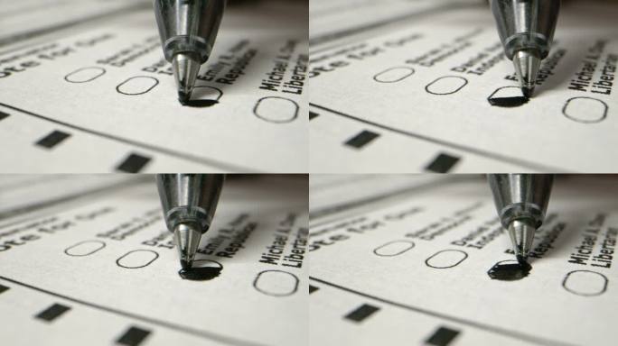 在总统、参议院、国会或地方选举中，一支圆珠笔在家里填写邮寄选票的特写微距视频