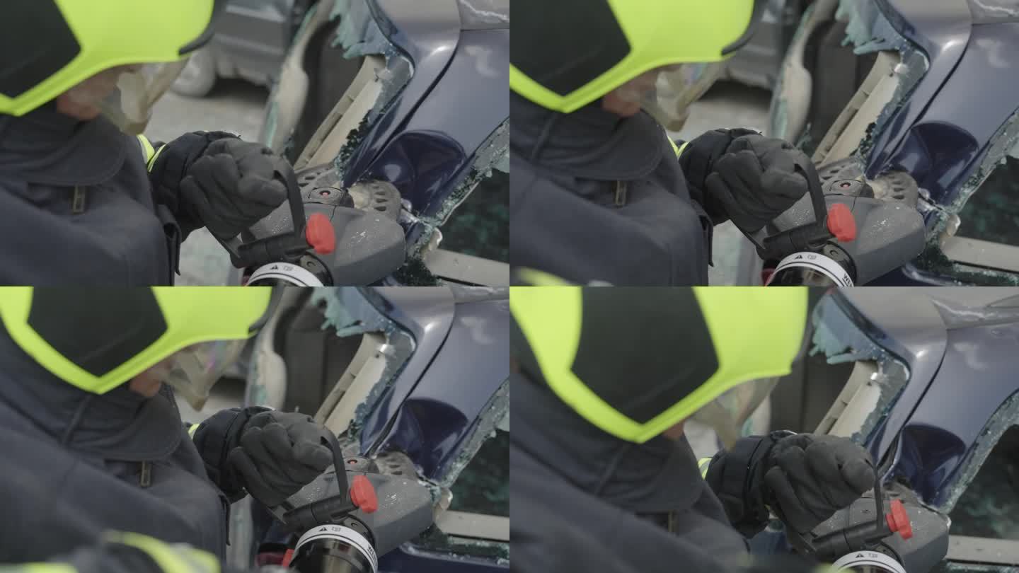 一支技术娴熟的消防队员使用专业工具和快速反应成功救出被困在汽车中的人，展示了他们在高风险救援行动中的