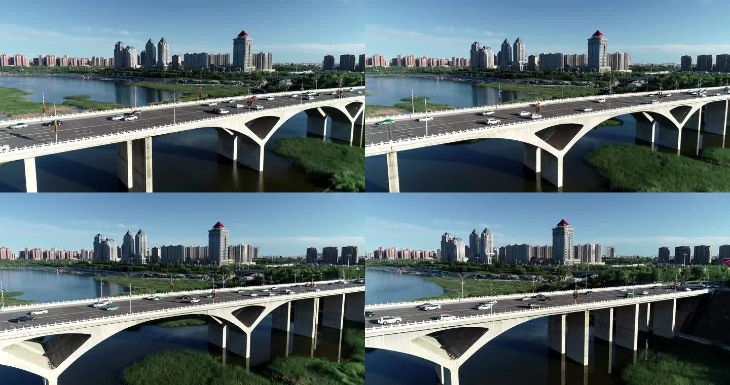 伊金霍洛旗城市建筑桥梁车流大景航拍视频