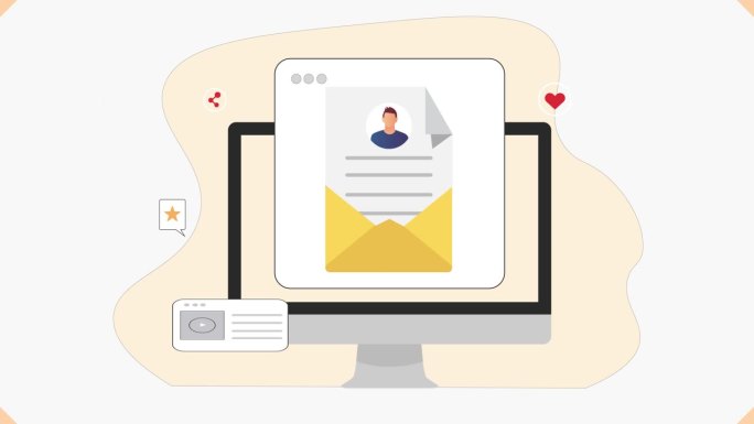 客户电子邮件营销和战略概念动画。在电脑屏幕上打开带有个人通讯和个人资料的信封。电子邮件和社会沟通。