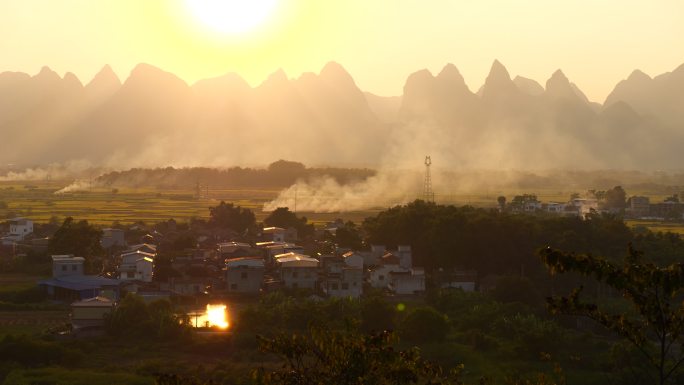 夕阳风景农村村庄人间烟火