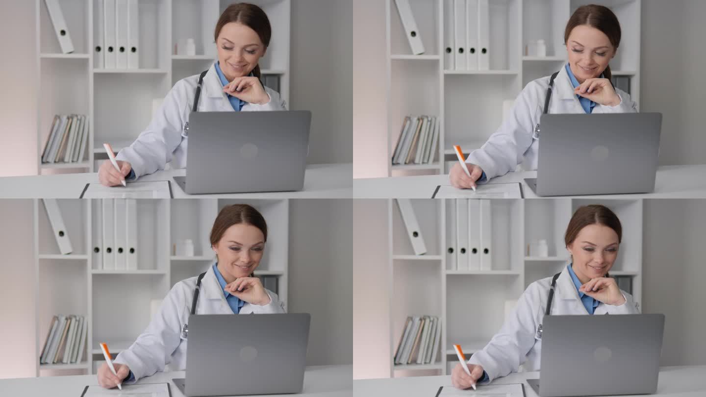 医学专家使用电脑和笔记本电脑来计划和跟踪治疗，以获得最佳效果。一位女医生在一家私人诊所工作。医生面带