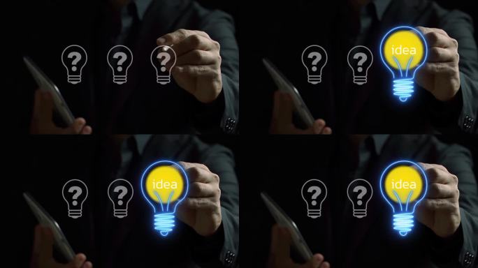 商人展示带有idea这个词的灯泡。思维观念和创意观念。寻找答案，头脑风暴，解决问题，发明和寻找新的想
