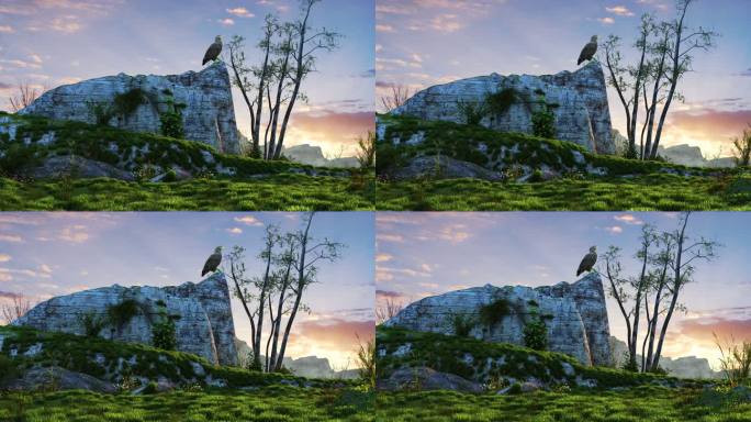 原创写实山顶俯瞰鹰站立，山顶山脉三维