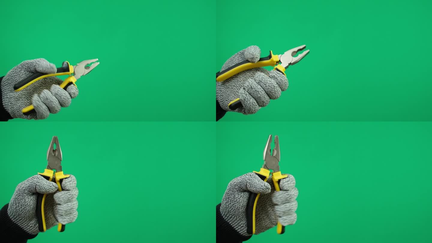 手持黄钳孤立广告绿背景铬手钳，和机械手套。