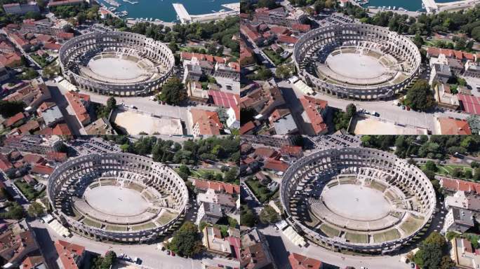 无人机拍摄的普拉竞技场罗马圆形剧场和克罗地亚普拉市周围的建筑物