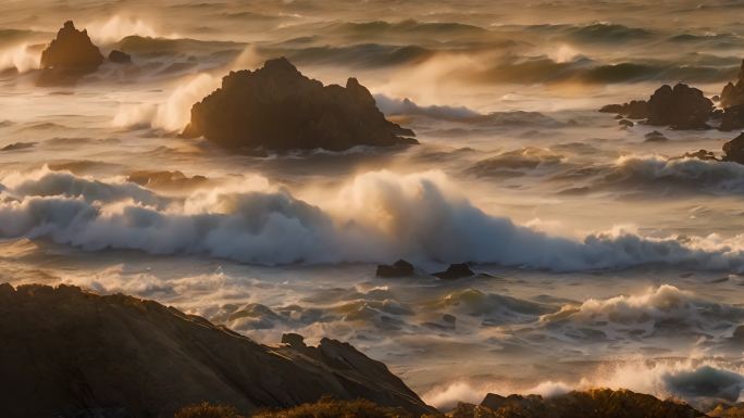 4K大海海浪浪花海岸线岩石悬崖