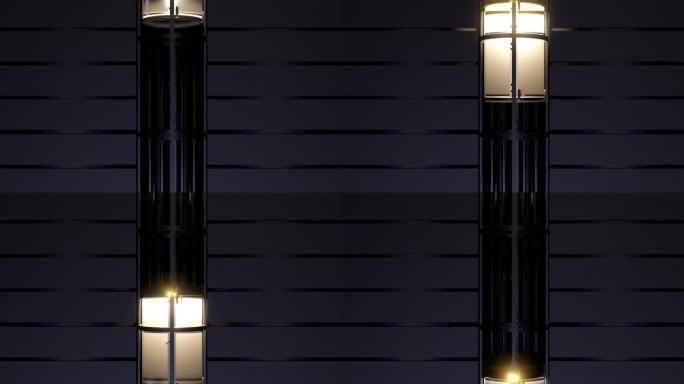 玻璃胶囊电梯可用于房屋，酒店或办公中心的墙面。逼真的3d动画。