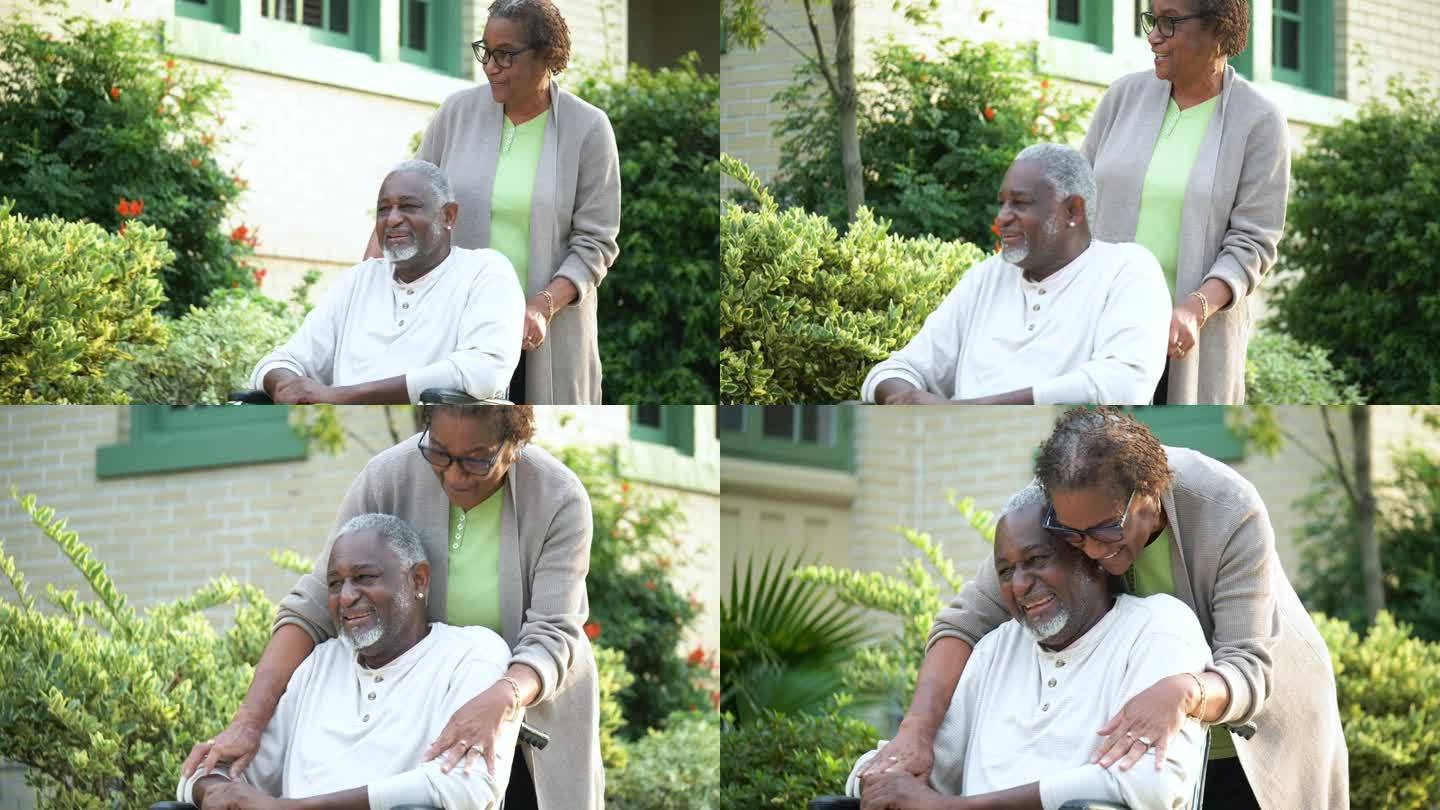 老年非裔美国夫妇，坐轮椅的男人