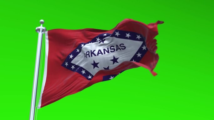 美国阿肯色州的旗帜挥舞旗帜动画孤立的绿色背景可循环